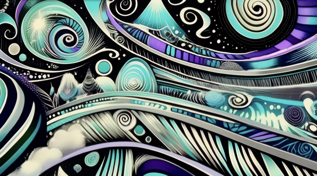 Mushroom psychedelic art with sacred geometry spirals and flowing light ribbons in teal and purple